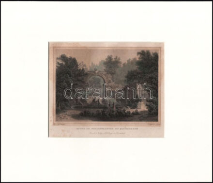 Eduard Willmann (1820-1877) után, J. Richter metszése: Romok a schönbrunni kastély parkjában (Ruine im Schlossgarten zu Schönbrunn). Színezett acélmetszet, papír, jelzett a metszeten, kissé foltos, paszpartuban, 11x15 cm