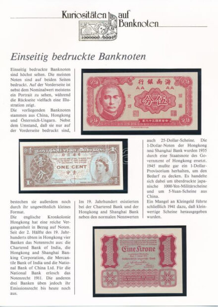Ausztria 1922. 1K + Kína / Hainan Bank 1949. 5F + Hongkong 1971-1981. 1c német leírással T:I Austria 1922. 1 Krone + Kína / Hainan Bank 1949. 5 Fen + Hongkong 1971-1981. 1 Cent with german description C:UNC Krause P# 73, P# S1453, P# 325