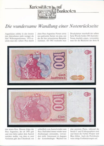 Argentína 1985-1989. 100A (2x) német nyelvű leírással T:I- Argentina 1985-1989. 100 Australes (2x) with german description C:AU Krause P#327