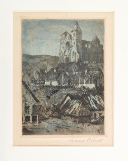 Lénárd Lévy Róbert (1879-1936): Zsámbéki részlet a templom romjaival. Színezett rézkarc, papír, jelzett, paszpartuban, 17x12,5 cm