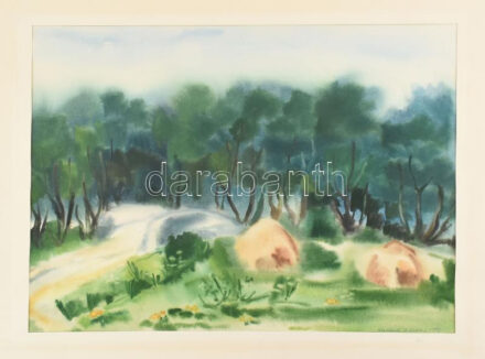 Szedlák Jánosné Raffai Éva (?-): Rét a folyóparton. Akvarell, papír, jelzett, paszpartuban, 33x45 cm