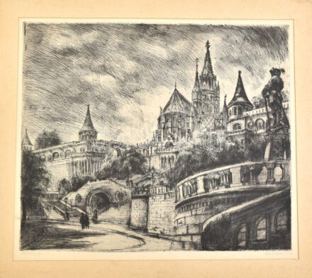 Élesdy István (1912-1987): Halászbástya. Rézkarc, papír, jelzett, paszpartuban. Lapszéli apró foltokkal. 41x49 cm