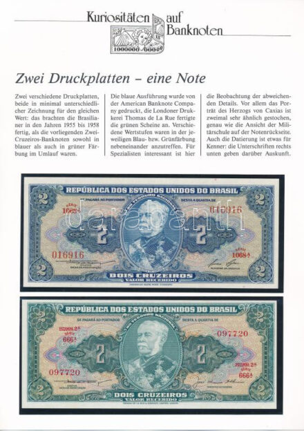 Brazília 1958. 2C (2xklf) német nyelvű leírással T:I Brasil 1958. 2 Cruzeiros (2xdiff) with german description C:UNC Krause Krause P#151b, Krause P#168a