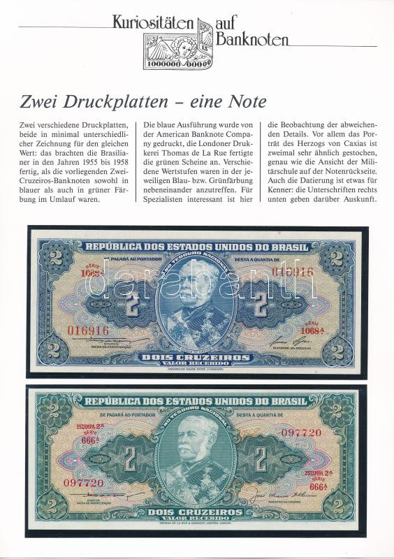 Brazília 1958. 2C (2xklf) német nyelvű leírással T:I Brasil 1958. 2 Cruzeiros (2xdiff) with german description C:UNC Krause Krause P#151b, Krause P#168a