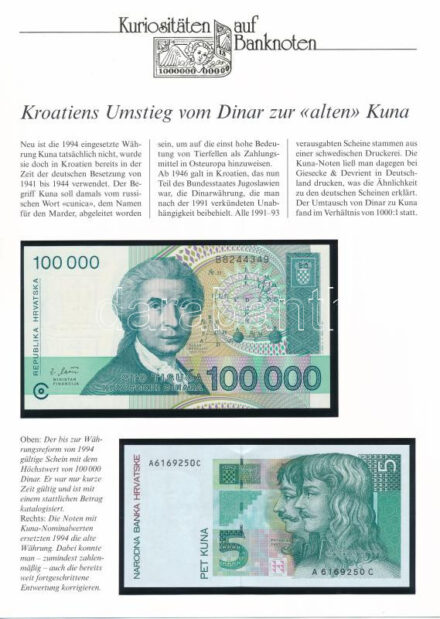 Horvátország 1993. 5K + 1993. 100.000D német nyelvű leírással T:I- Croatia 1993. 5 Kuna + 1993. 100.000 Dinara with german description T:AU Krause P# 28, P# 27