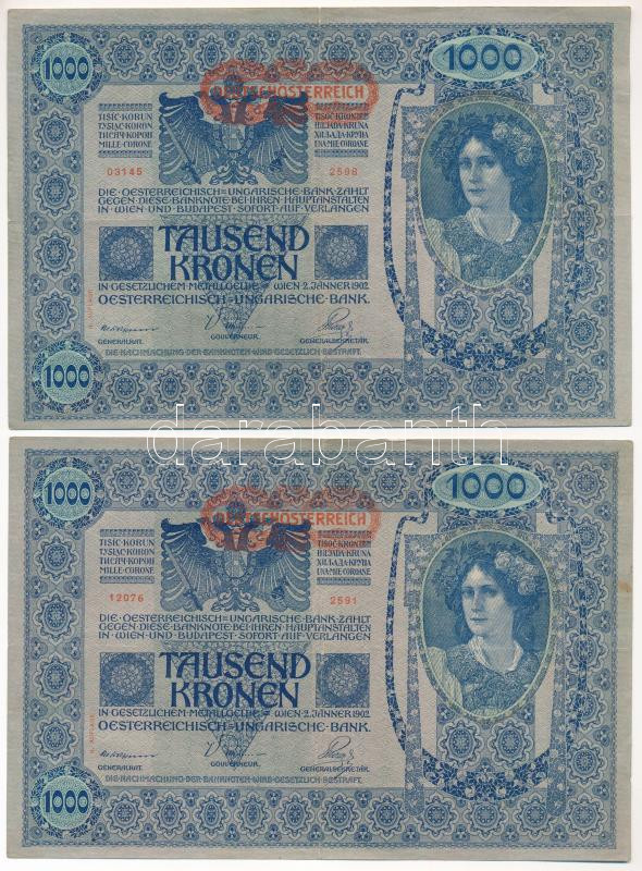 Ausztria 1919. (1902.) 1000K II. kiadás, hátlap rajzos, piros vízszintes 'DEUTSCHÖSTERREICH' felülbélyegzéssel (4x) T:III Austria 1902. 1000 Corona 2nd issue, graphic backside with horizontal red 'DEUTSCHÖSTERREICH' overprint (4x) C:F