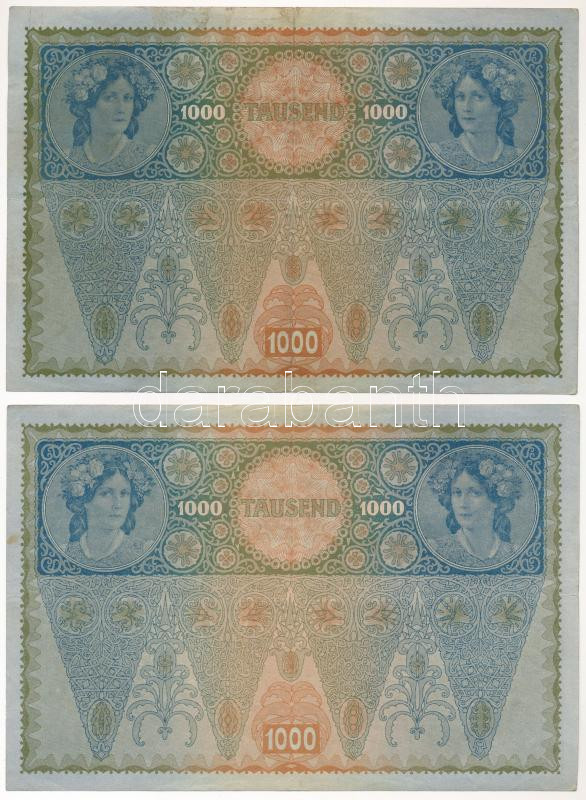 Ausztria 1919. (1902.) 1000K II. kiadás, hátlap rajzos, piros vízszintes 'DEUTSCHÖSTERREICH' felülbélyegzéssel (4x) T:III Austria 1902. 1000 Corona 2nd issue, graphic backside with horizontal red 'DEUTSCHÖSTERREICH' overprint (4x) C:F - Image 2