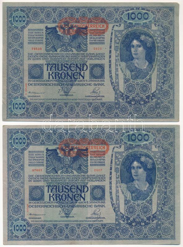 Ausztria 1919. (1902.) 1000K II. kiadás, hátlap rajzos, piros vízszintes 'DEUTSCHÖSTERREICH' felülbélyegzéssel (4x) T:III Austria 1902. 1000 Corona 2nd issue, graphic backside with horizontal red 'DEUTSCHÖSTERREICH' overprint (4x) C:F - Image 3