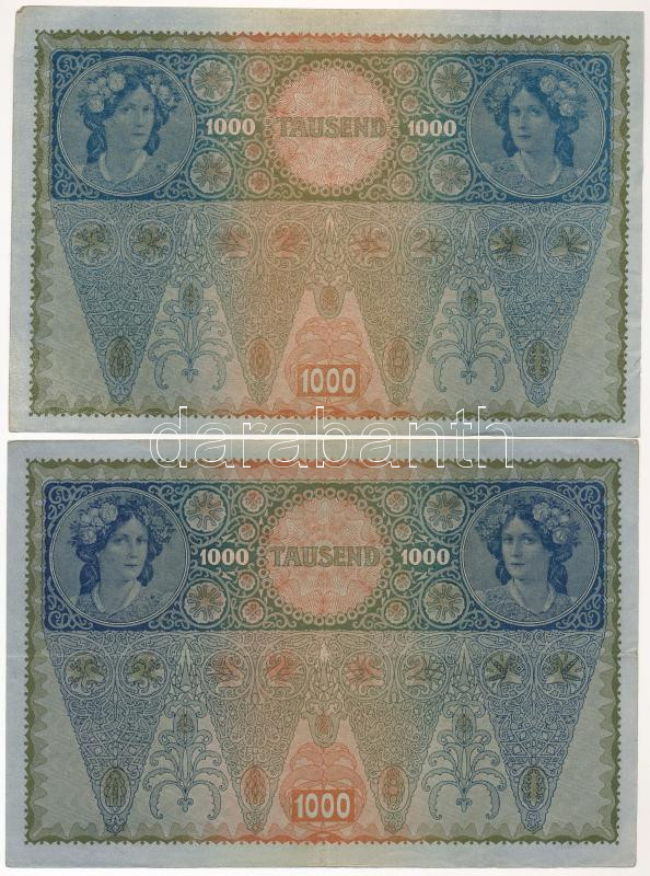 Ausztria 1919. (1902.) 1000K II. kiadás, hátlap rajzos, piros vízszintes 'DEUTSCHÖSTERREICH' felülbélyegzéssel (4x) T:III Austria 1902. 1000 Corona 2nd issue, graphic backside with horizontal red 'DEUTSCHÖSTERREICH' overprint (4x) C:F - Image 4