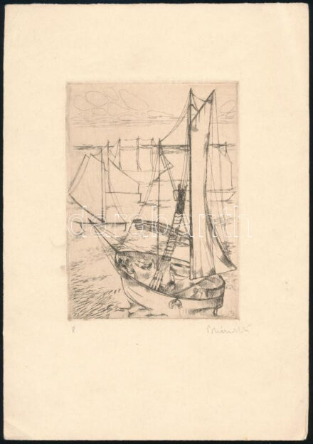 Pohárnok Zoltán (1905-1976): Vitorlás. Rézkarc, papír, jelzett. Hátoldalán a művész bélyegzőjével. 13,5x10 cm