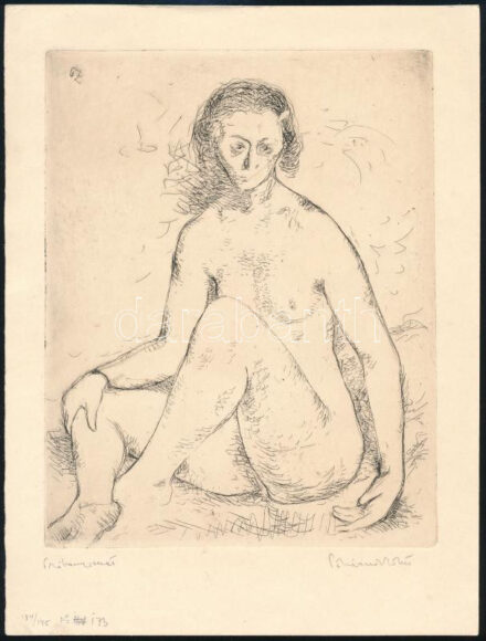 Pohárnok Zoltán (1905-1976): Ülő női akt. Rézkarc, papír, jelzett. Hátoldalán a művész bélyegzőjével. 18x14 cm