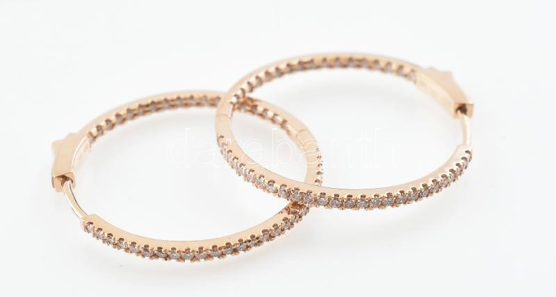 Arany (Au) 14K rosegold karikafülbevaló-pár gyémántokkal kirakva, 1,3 ct, d: 2,5 cm, bruttó: 6,04 g
