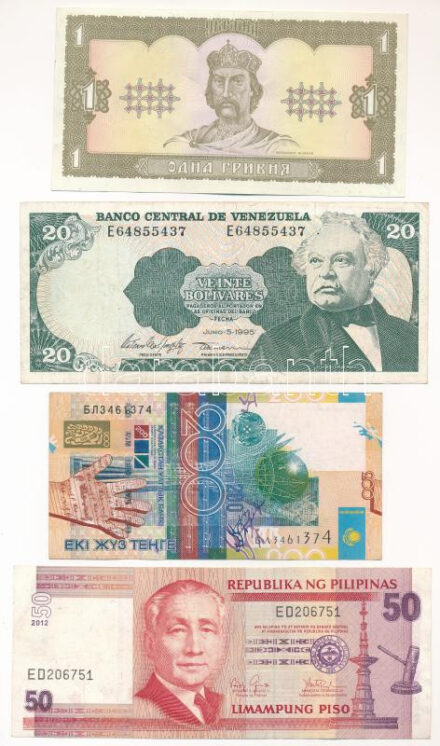 Ukrajna 1992. (1996) 1H + Venezuela 1995. 20B + Kazahsztán 2006. 200T + Fülöp-szigetek 2012. 50P T:III Ukraine 1992 (1996) 1 Hryvnia + Venezuela 1995 20 Bolivares + Kazakhstan 2006. 200 Tenge + Philippines 2012. 50 Piso C:G