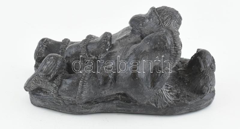 Fiú, lány nyuszival, faragott kő, jelzett, kopásokkal, 13x7 cm