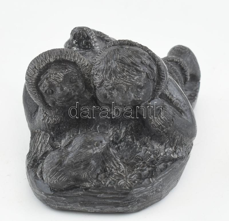Fiú, lány nyuszival, faragott kő, jelzett, kopásokkal, 13x7 cm - Image 2