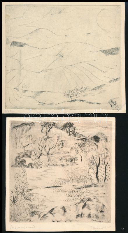Pohárnok Zoltán (1905-1976): 4 db tájkép. Rézkarc, papír, egy kivételével jelzett. Egyik kissé gyűrött. 7,5x9,5 és 12x13,5 cm közötti méretekben.