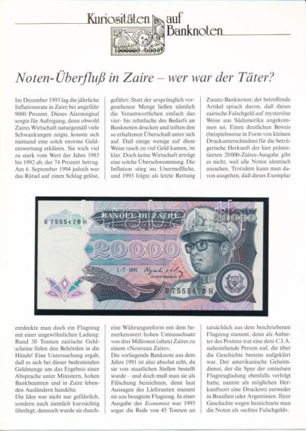 Zaire 1991. 20.000Z német nyelvű leírással T:I Zaire 1991. 20.000 Zaires with german description C:UNC Krause P# 39