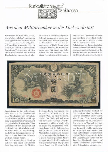 Kína / Japán megszállás 1940. 10Y német leírással T:III- lyukak China / Japanese occupation 1940. 10 Yen with german description C:VG holes Krause P# M19