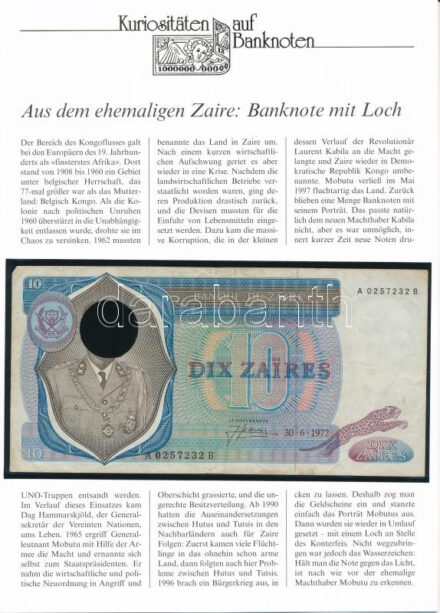 Zaire 1972. 10ZRN kivágott arcképpel, német nyelvű leírással T:III Zaire 1972. 10 Zaires with cut out face, with german description C:F Krause P# 23