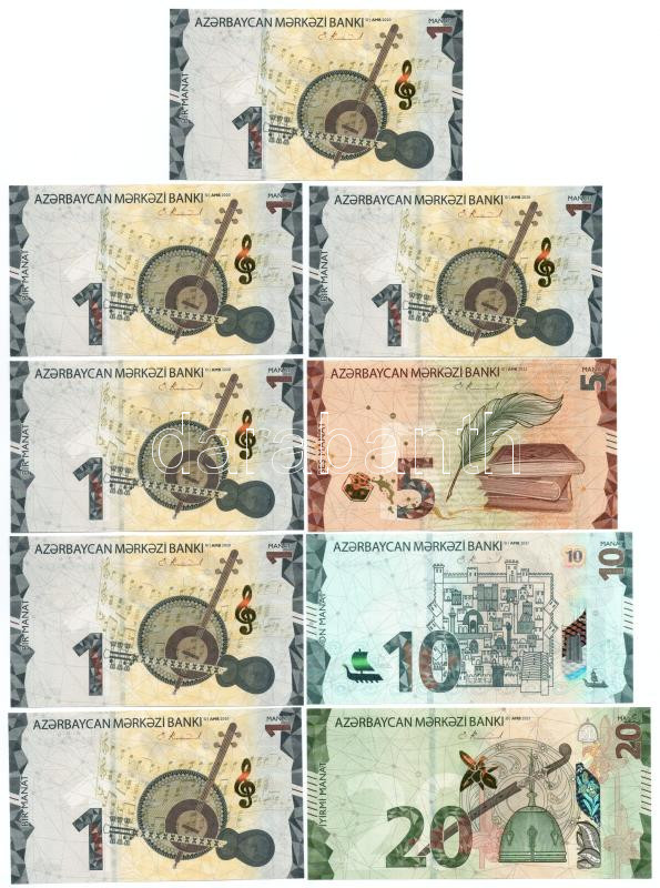 Azerbajdzsán 2020. 1M (6x) közte 5x sorszámkövető + 2021. 10M + 20M + 2022. 5M T:I,I- Azerbaijan 2020. 1 Manat (6x) among 5x cosecutive serials + 2021. 10 Manat + 20 Manat + 2022. 5 Manat C:UNC,AU