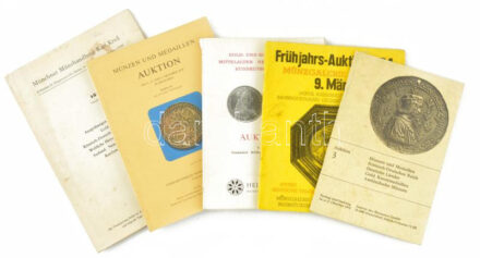 5xklf árverési katalógus tétel, közte Heinrich Winter, Münzgalerie C. Mohr, Gerhard Hirsch, Galerie des Monnaies Düsseldorf, Münchner Münzhandlung Karl Kreß. Használt állapotban.