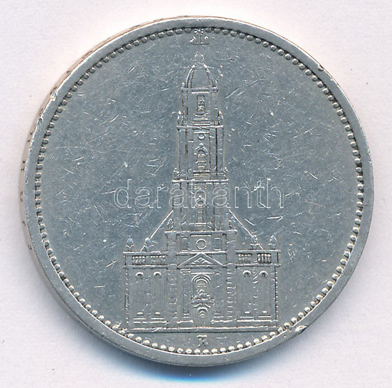 Német Harmadik Birodalom 1935A 5M Ag 'Garnisonkirche' T:2,2- ph. German Third Reich 1935A 5 Reichsmark Ag 'Garnisonkirche' C:XF,VF edge error Krause KM#83