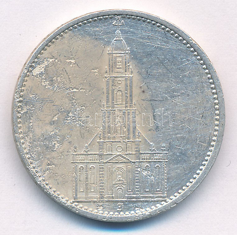 Német Harmadik Birodalom 1934J 5M Ag 'Garnisonkirche' T:2- patina, anyaghiba German Third Reich 1934J 5 Reichsmark Ag 'Garnisonkirche' C:VF patina, metal error Krause KM#83