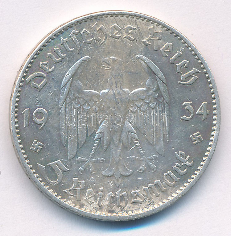 Német Harmadik Birodalom 1934J 5M Ag 'Garnisonkirche' T:2- patina, anyaghiba German Third Reich 1934J 5 Reichsmark Ag 'Garnisonkirche' C:VF patina, metal error Krause KM#83 - Image 2