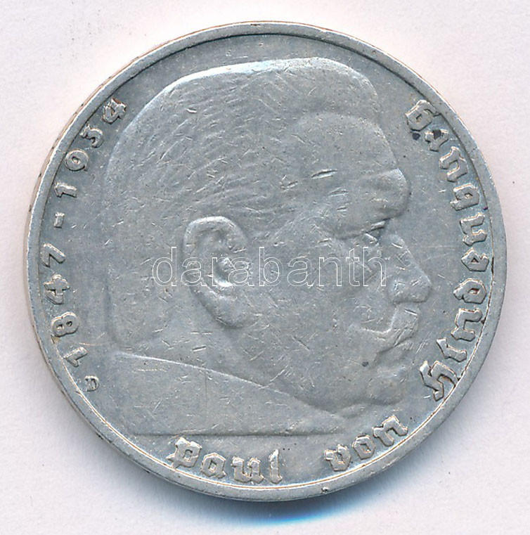 Német Harmadik Birodalom 1935D 5M Ag 'Hindenburg' T:2,2- patina German Third Reich 1935D 5 Reichsmark Ag 'Hindenburg' C:XF,VF patina Krause KM#86
