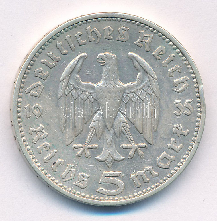 Német Harmadik Birodalom 1935J 5M Ag 'Hindenburg' T:2,2- patina German Third Reich 1935J 5 Reichsmark Ag 'Hindenburg' C:XF,VF patina Krause KM#86 - Image 2