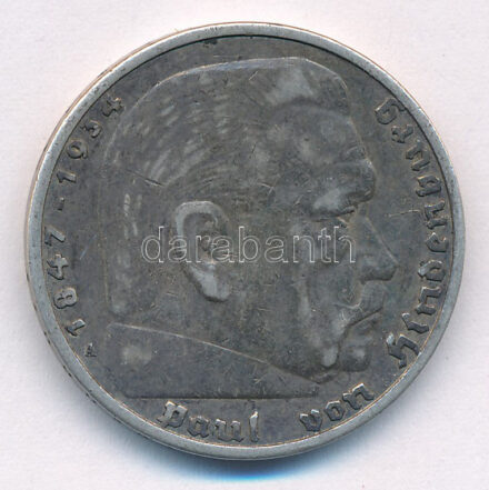 Német Harmadik Birodalom 1935A 5M Ag 'Hindenburg' T:2- patina German Third Reich 1935A 5 Reichsmark Ag 'Hindenburg' C:VF patina Krause KM#86
