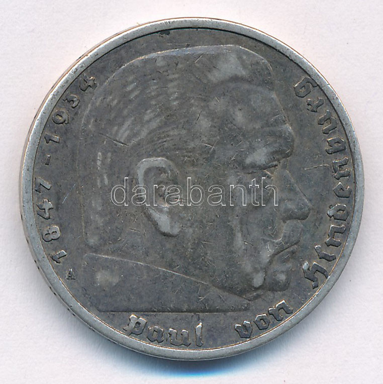 Német Harmadik Birodalom 1935A 5M Ag 'Hindenburg' T:2- patina German Third Reich 1935A 5 Reichsmark Ag 'Hindenburg' C:VF patina Krause KM#86