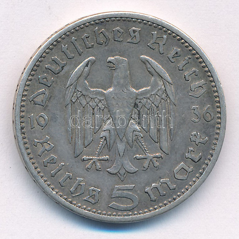 Német Harmadik Birodalom 1935A 5M Ag 'Hindenburg' T:2- patina German Third Reich 1935A 5 Reichsmark Ag 'Hindenburg' C:VF patina Krause KM#86 - Image 2