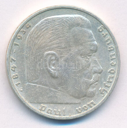 Német Harmadik Birodalom 1935G 5M Ag 'Hindenburg' T:1-,2 patina German Third Reich 1935G 5 Reichsmark Ag 'Hindenburg' C:AU,XF Krause KM#86