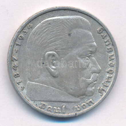 Német Harmadik Birodalom 1935F 5M Ag 'Hindenburg' T:2 patina German Third Reich 1935F 5 Reichsmark Ag 'Hindenburg' C:XF Krause KM#86