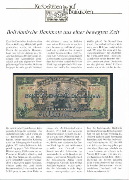 Bolívia 1911. 1B 'Banco Central De Bolivia' 1929-es felülbélyegzéssel, német nyelvű leírással T:III Bolivia 1911. 1 Boliviano with 'Banco Central De Bolivia' overprint from 1929, with german description C:F Krause P#112