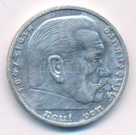 Német Harmadik Birodalom 1935G 5M Ag 'Hindenburg' T:1- patina German Third Reich 1935G 5 Reichsmark Ag 'Hindenburg' C:AU Krause KM#86