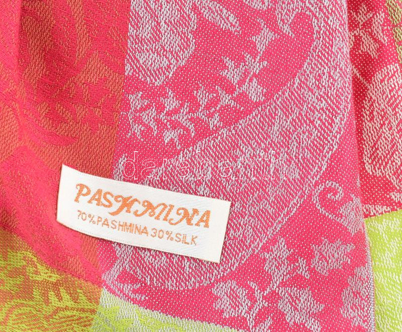 Pashmina stóla, ciklámen és zöld színnel, pashmina (70%), selyem (30%), 190x70 cm - Image 2