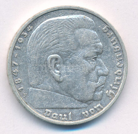 Német Harmadik Birodalom 1935F 5M Ag 'Hindenburg' T:2 patina German Third Reich 1935F 5 Reichsmark Ag 'Hindenburg' C:XF Krause KM#86