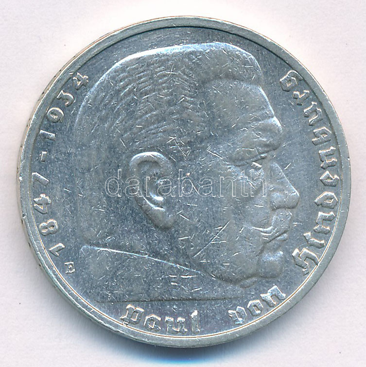 Német Harmadik Birodalom 1935E 5M Ag 'Hindenburg' T:1-,2 patina German Third Reich 1935E 5 Reichsmark Ag 'Hindenburg' C:AU,XF Krause KM#86