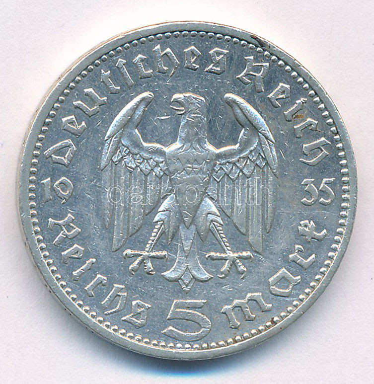 Német Harmadik Birodalom 1935E 5M Ag 'Hindenburg' T:1-,2 patina German Third Reich 1935E 5 Reichsmark Ag 'Hindenburg' C:AU,XF Krause KM#86 - Image 2