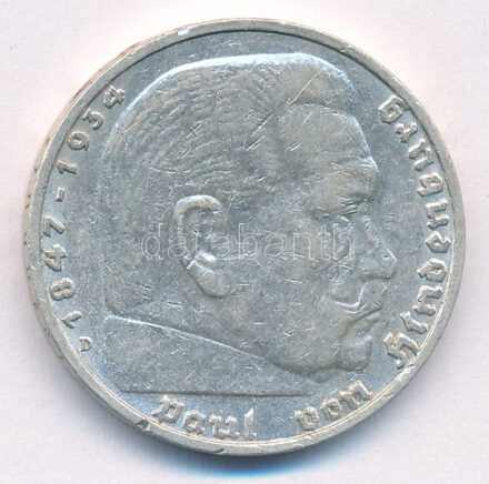 Német Harmadik Birodalom 1935D 5M Ag 'Hindenburg' T:2 patina German Third Reich 1935D 5 Reichsmark Ag 'Hindenburg' C:XF Krause KM#86