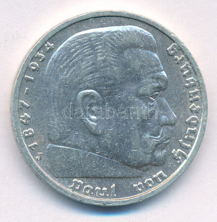 Német Harmadik Birodalom 1935J 5M Ag 'Hindenburg' T:1- patina German Third Reich 1935J 5 Reichsmark Ag 'Hindenburg' C:AU Krause KM#86
