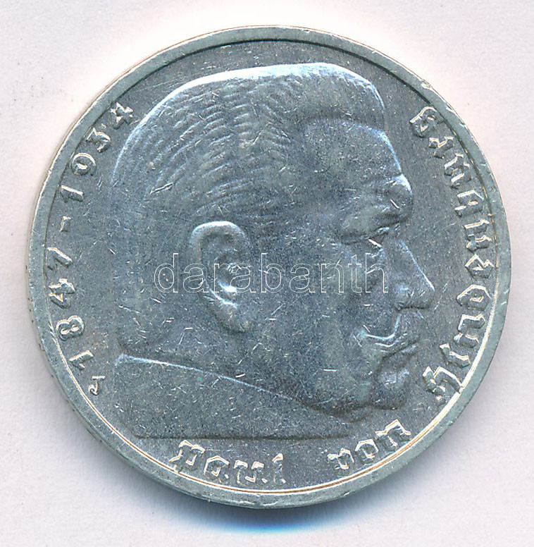 Német Harmadik Birodalom 1935J 5M Ag 'Hindenburg' T:1- patina German Third Reich 1935J 5 Reichsmark Ag 'Hindenburg' C:AU Krause KM#86