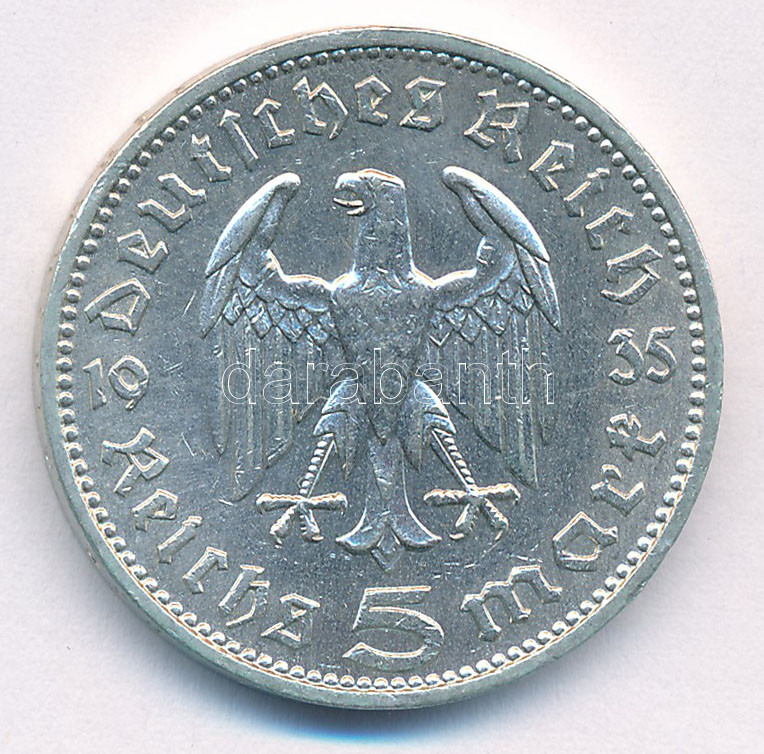 Német Harmadik Birodalom 1935J 5M Ag 'Hindenburg' T:1- patina German Third Reich 1935J 5 Reichsmark Ag 'Hindenburg' C:AU Krause KM#86 - Image 2