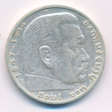 Német Harmadik Birodalom 1935E 5M Ag 'Hindenburg' T:2 German Third Reich 1935E 5 Reichsmark Ag 'Hindenburg' C:XF Krause KM# 86