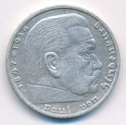 Német Harmadik Birodalom 1935F 5M Ag 'Hindenburg' T:2 German Third Reich 1935F 5 Reichsmark Ag 'Hindenburg' C:XF Krause KM# 86