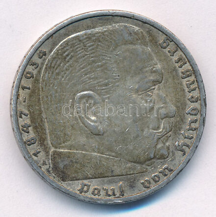 Német Harmadik Birodalom 1936A 5M Ag 'Hindenburg' T:2 ph., patina German Third Reich 1936A 5 Reichsmark Ag 'Hindenburg' C:XF edge error, patina Krause KM# 86