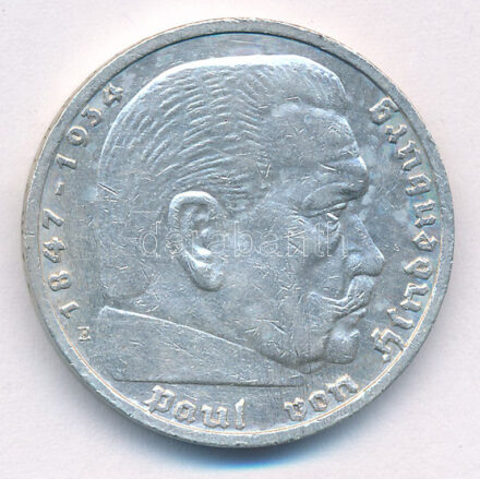 Német Harmadik Birodalom 1935E 5M Ag 'Hindenburg' T:1-,2 German Third Reich 1935E 5 Reichsmark Ag 'Hindenburg' C:AU,XF Krause KM# 86