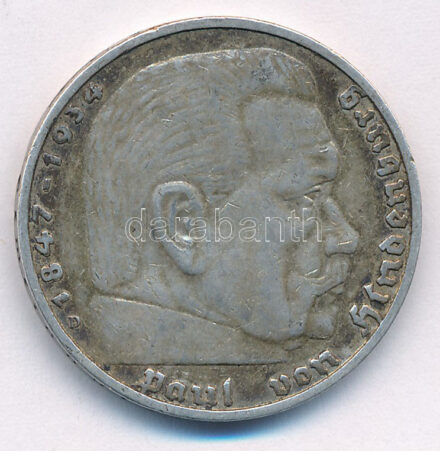 Német Harmadik Birodalom 1935D 5M Ag 'Hindenburg' T:2- patina German Third Reich 1935D 5 Reichsmark Ag 'Hindenburg' C:VF patina Krause KM# 86